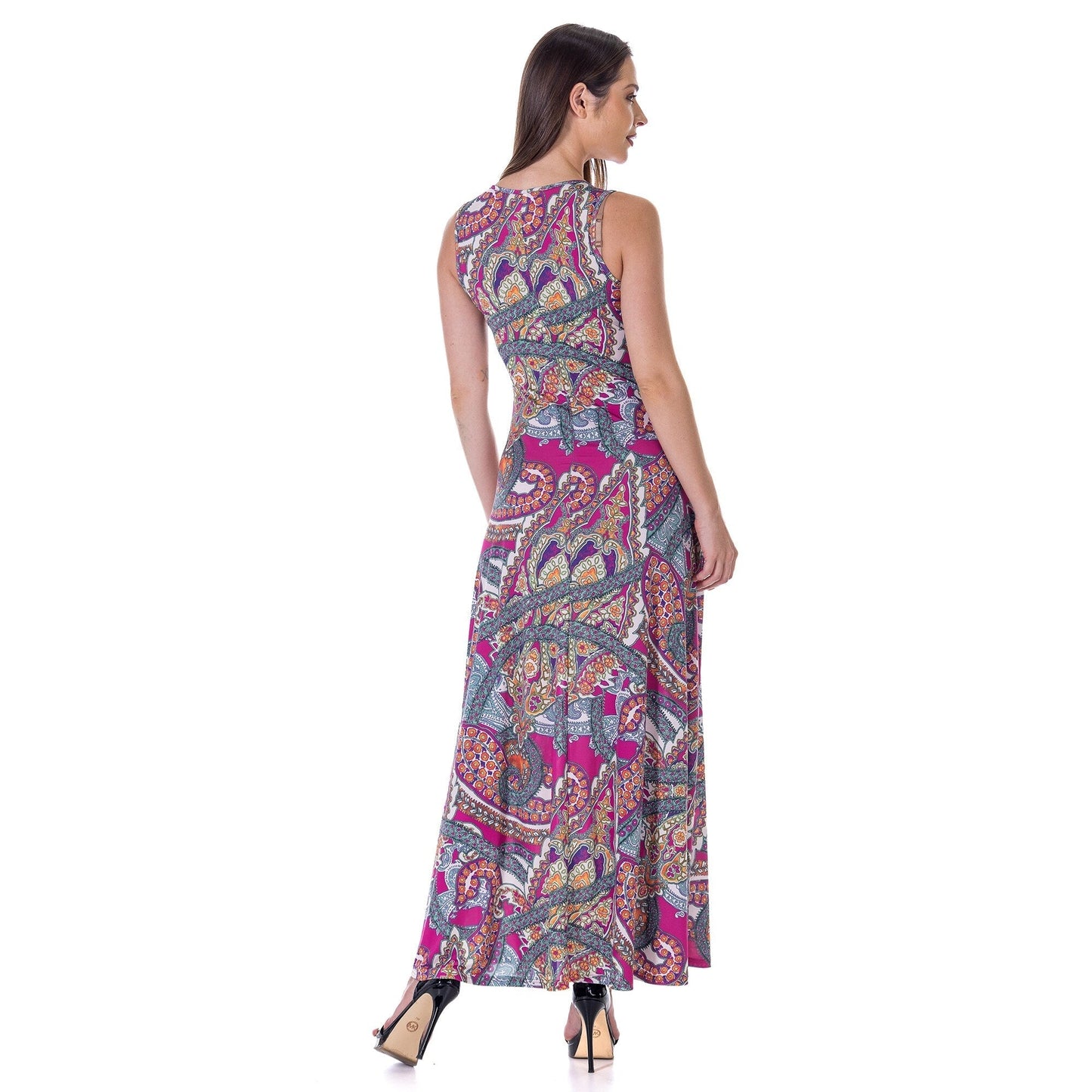 24seven Comfort Apparel Womens Pink Paisley Print Scoop Neck A Line Sleeveless Maxi Dress