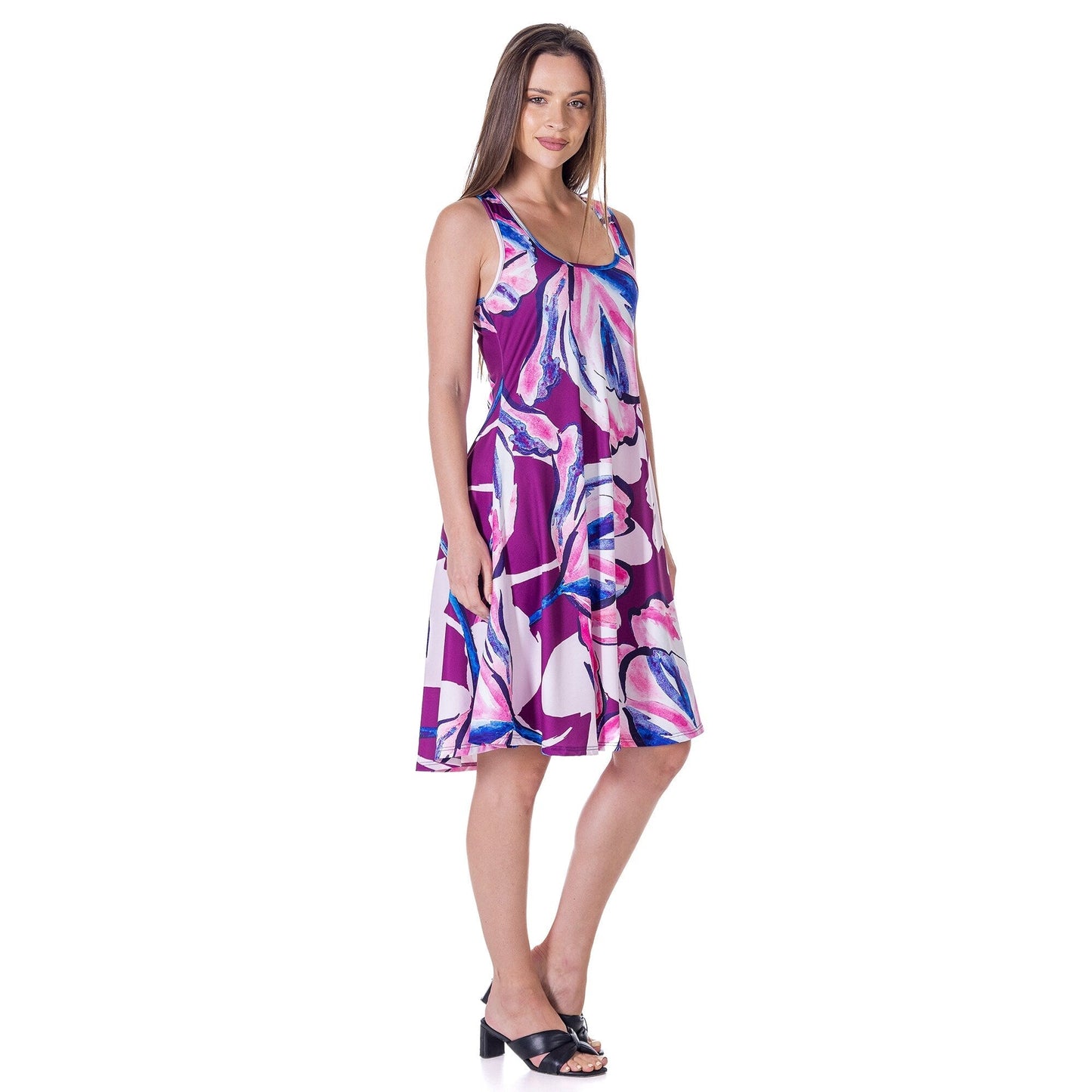 24seven Comfort Apparel Womens Purple Floral Sleeveless Knee Length Tank Swing Dress