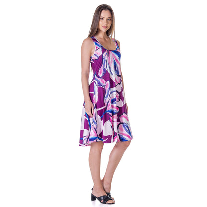 24seven Comfort Apparel Womens Purple Floral Sleeveless Knee Length Tank Swing Dress