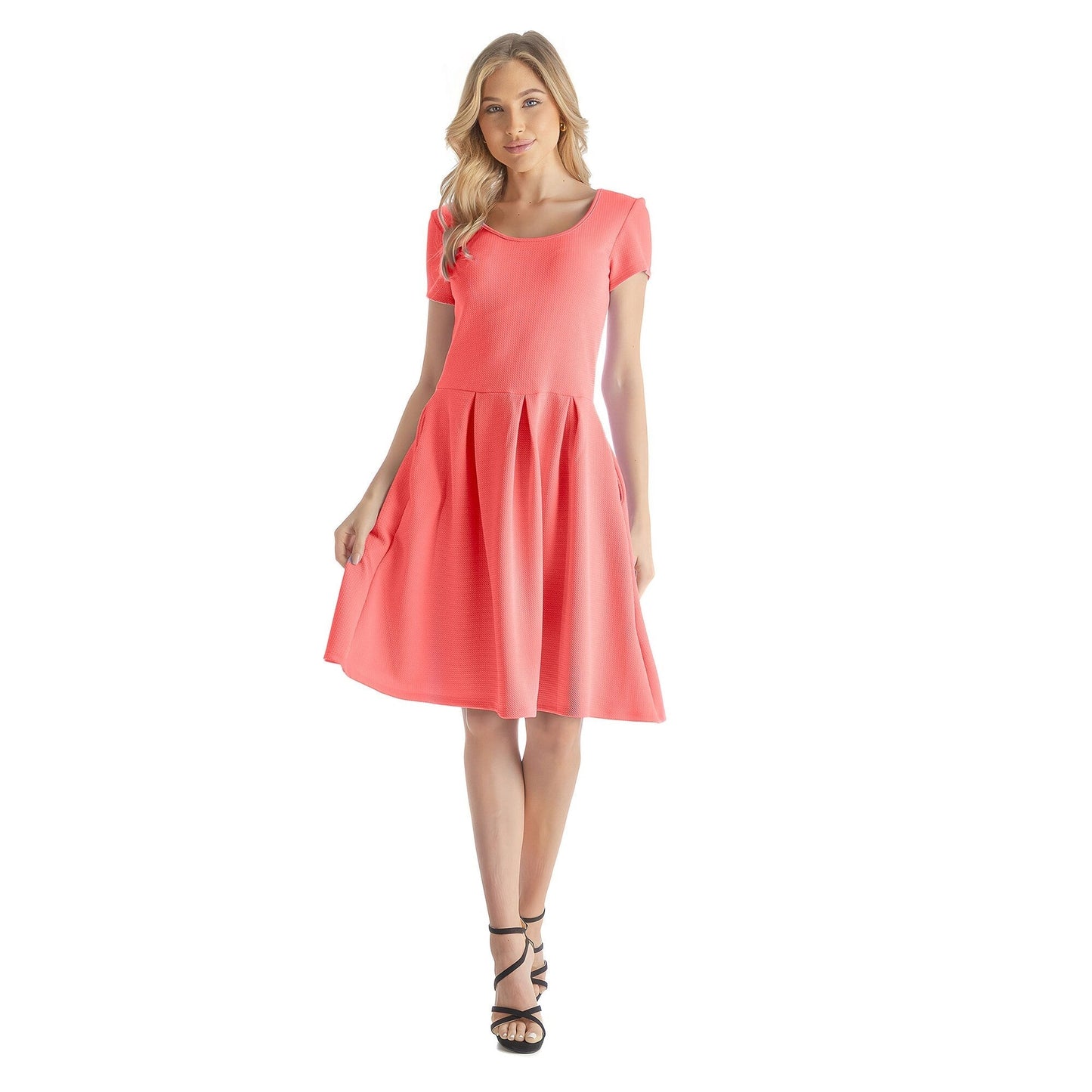24seven Comfort Apparel Womens Scoop Neck Knee Length Pleated Pocket Dress