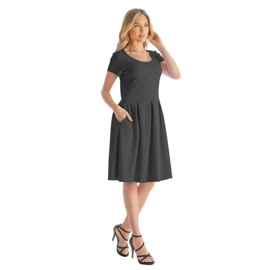 24seven Comfort Apparel Womens Scoop Neck Knee Length Pleated Pocket Dress