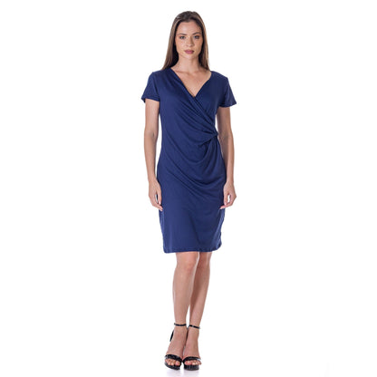 24seven Comfort Apparel Womens Short Sleeve Knee Length Faux Wrap Dress