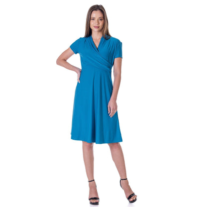 24seven Comfort Apparel Womens Short Sleeve Knee Length V Neck Rouched Wrap Dress