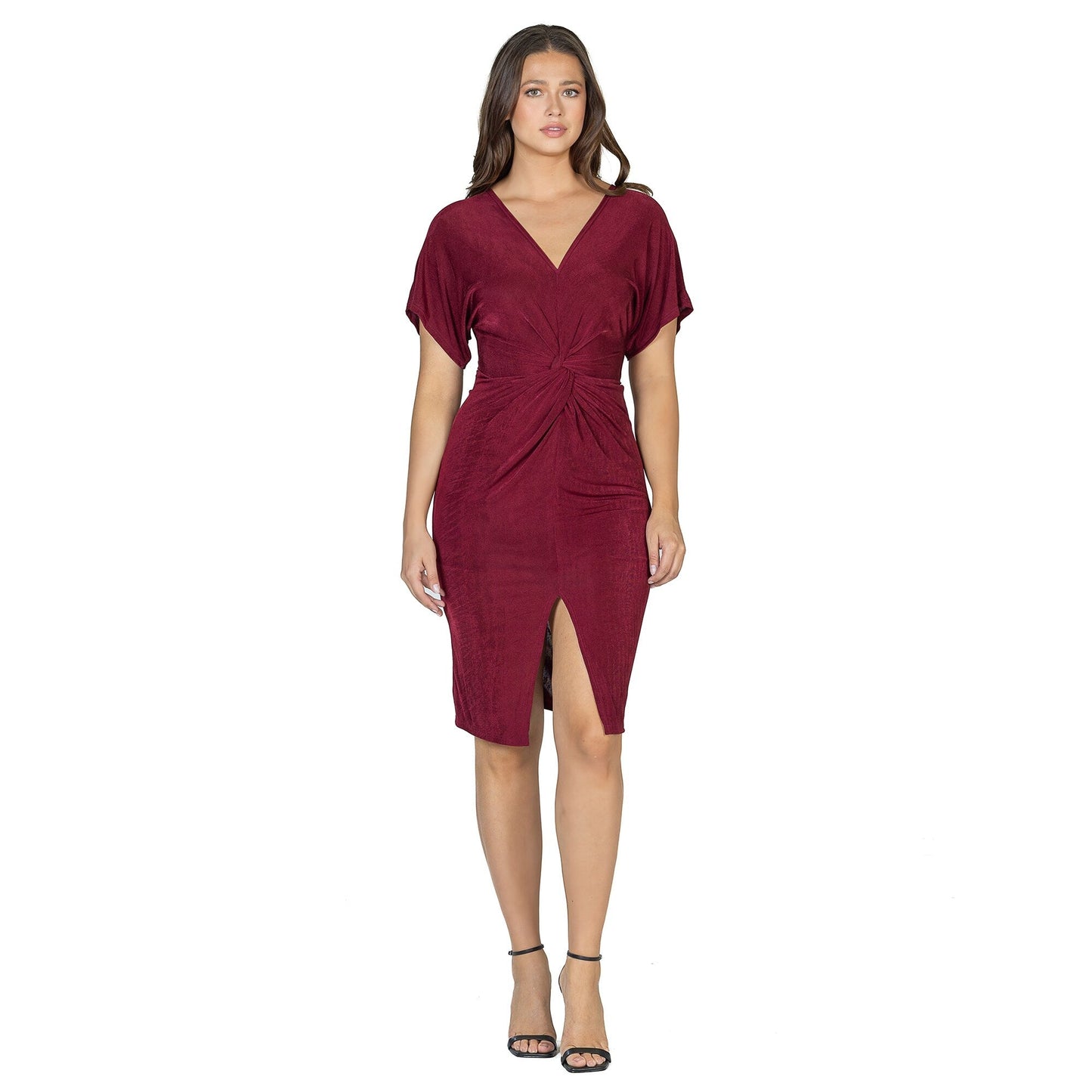 24seven Comfort Apparel Womens Short Sleeve V Neck Twist Front Split Hem Dress