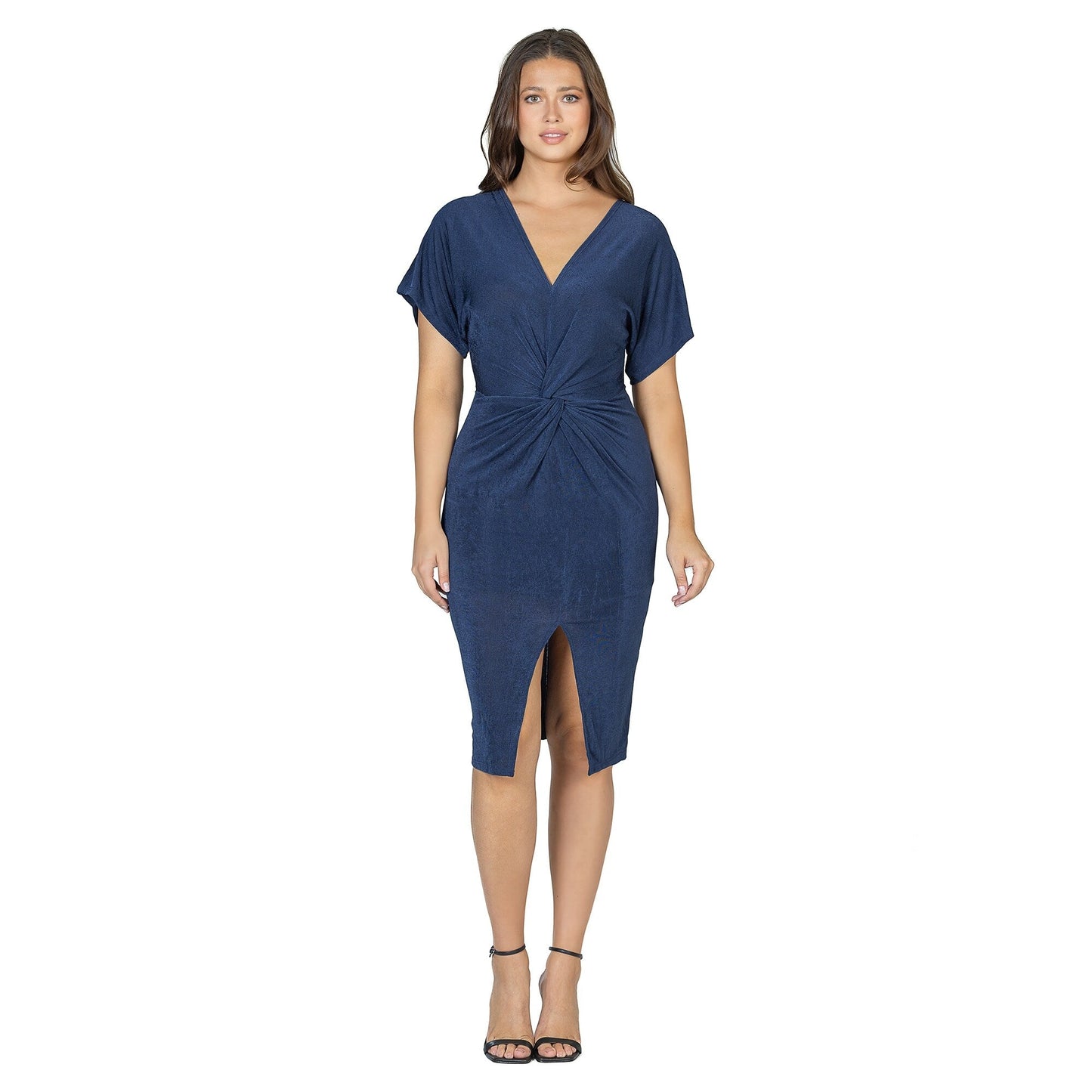 24seven Comfort Apparel Womens Short Sleeve V Neck Twist Front Split Hem Dress