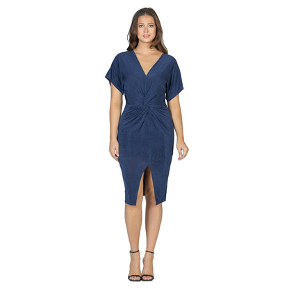 24seven Comfort Apparel Womens Short Sleeve V Neck Twist Front Split Hem Dress