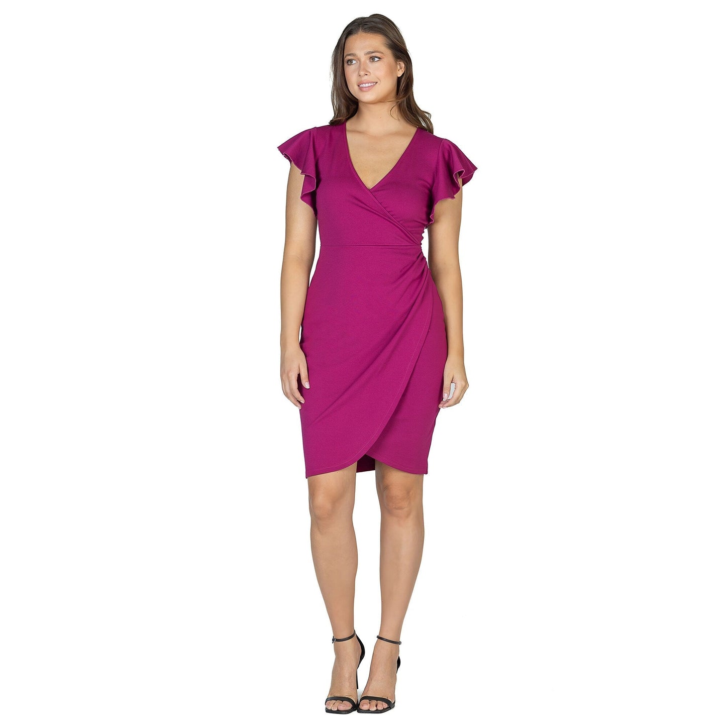 24seven Comfort Apparel Womens V Neck Ruffle Sleeve Knee Length Dress