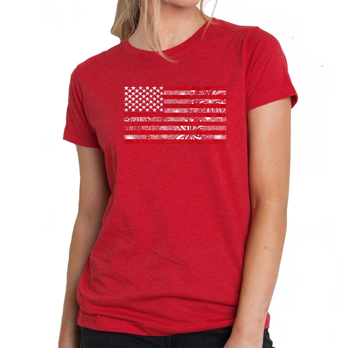 LA Pop Art Women s Premium Blend Word Art T-shirt   Fireworks American Flag