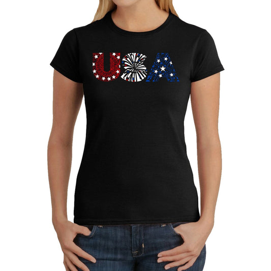 LA Pop Art Women s Word Art T-Shirt   USA Fireworks