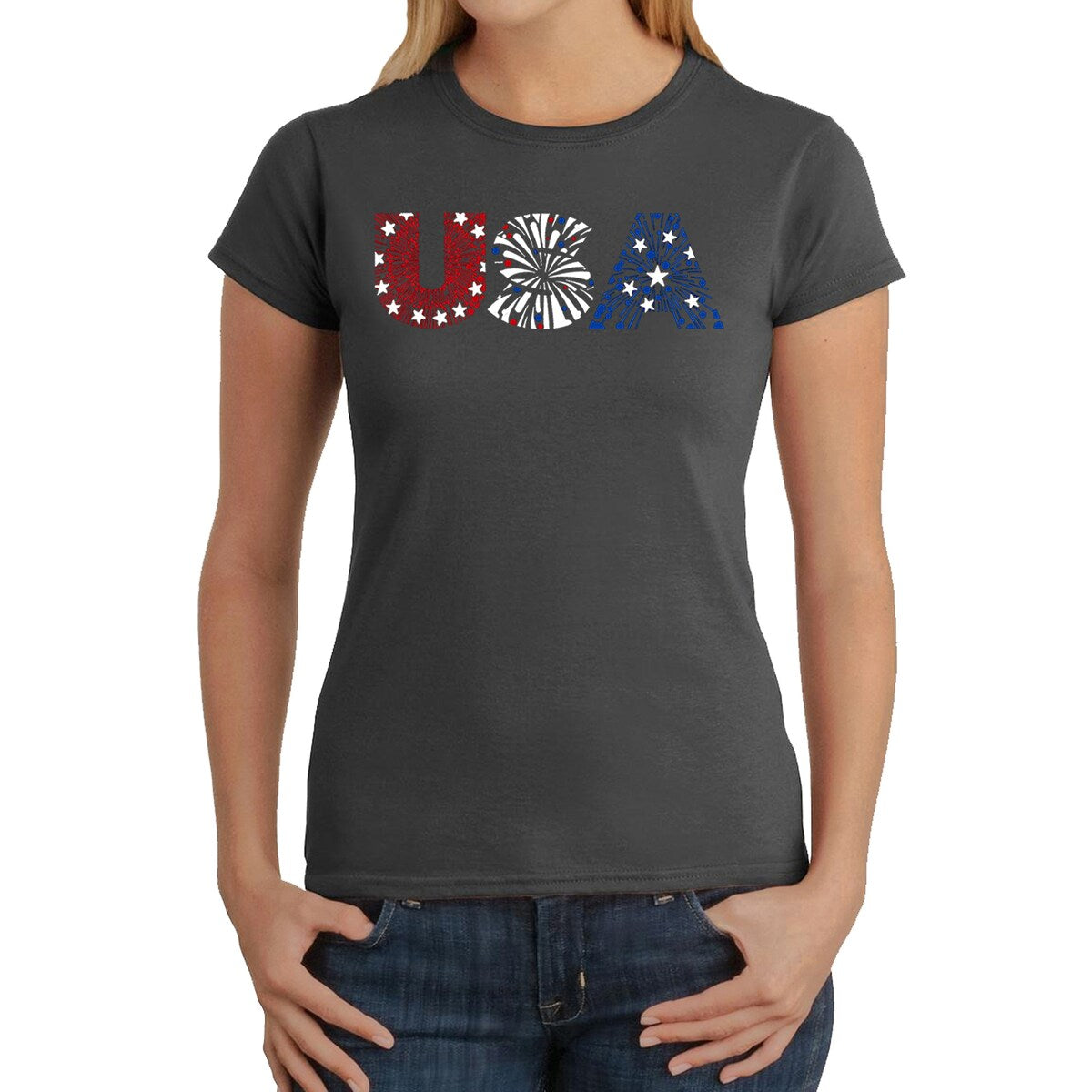 LA Pop Art Women s Word Art T-Shirt   USA Fireworks