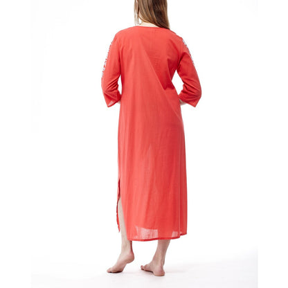 La Cera Women s Coral Cotton 3/4-sleeve Embroidered Caftan