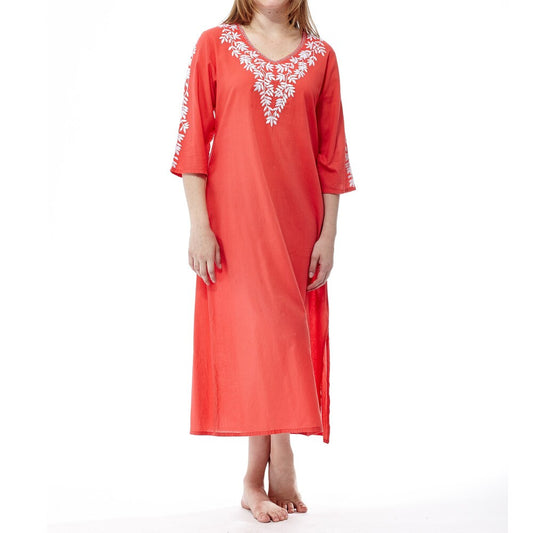 La Cera Women s Coral Cotton 3/4-sleeve Embroidered Caftan