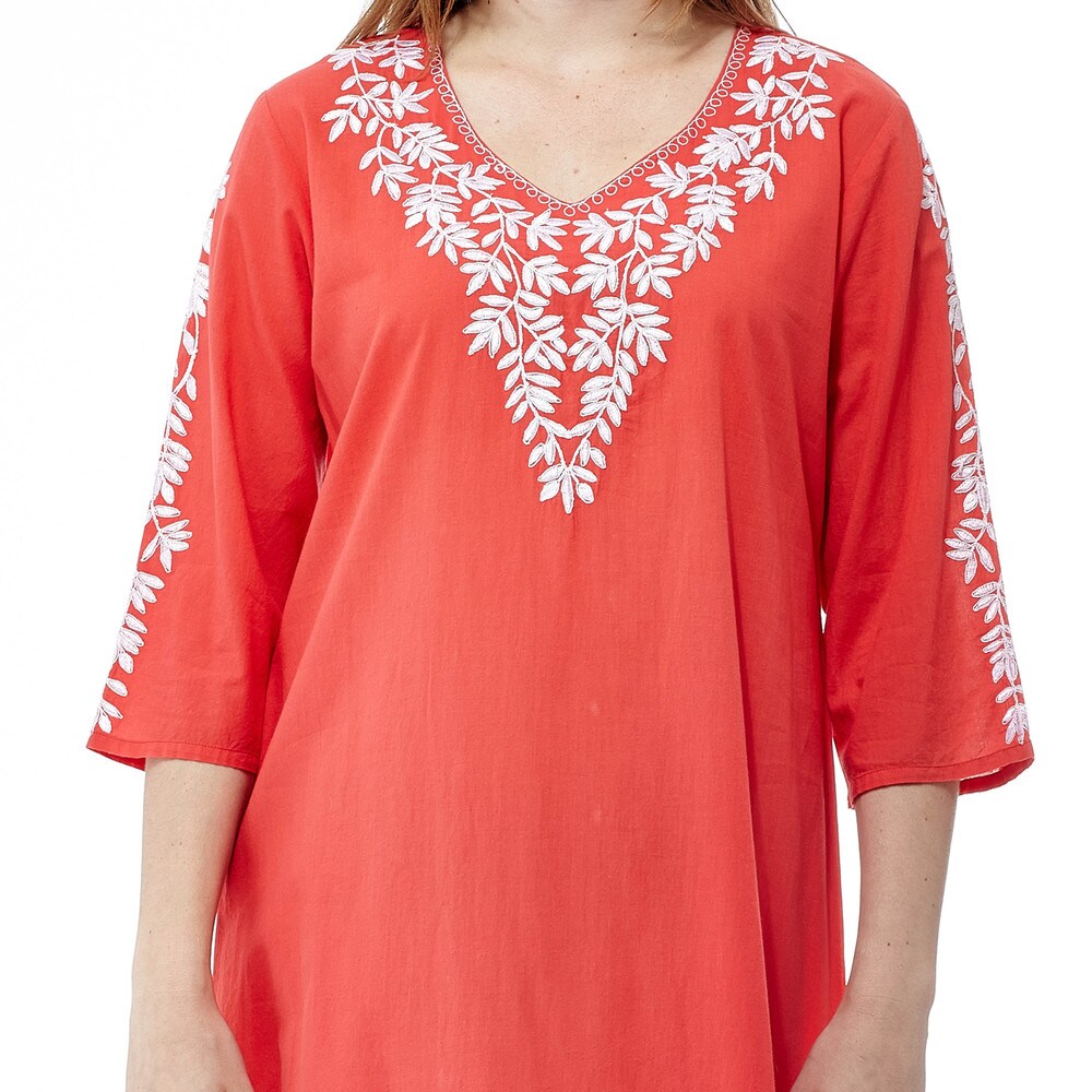 La Cera Women s Coral Cotton 3/4-sleeve Embroidered Caftan