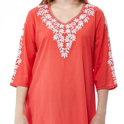 La Cera Women s Coral Cotton 3/4-sleeve Embroidered Caftan
