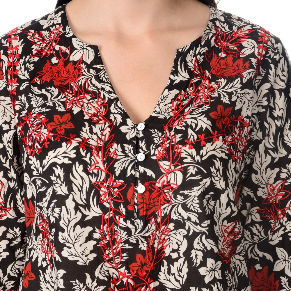 La Cera Women s Black/Red Embroidered Printed Dress