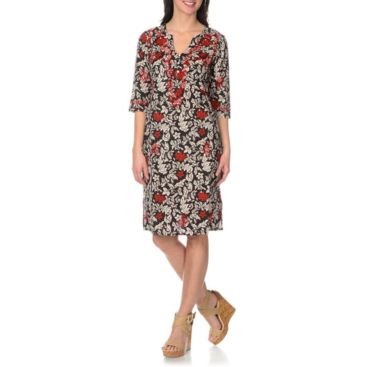 La Cera Women s Black/Red Embroidered Printed Dress