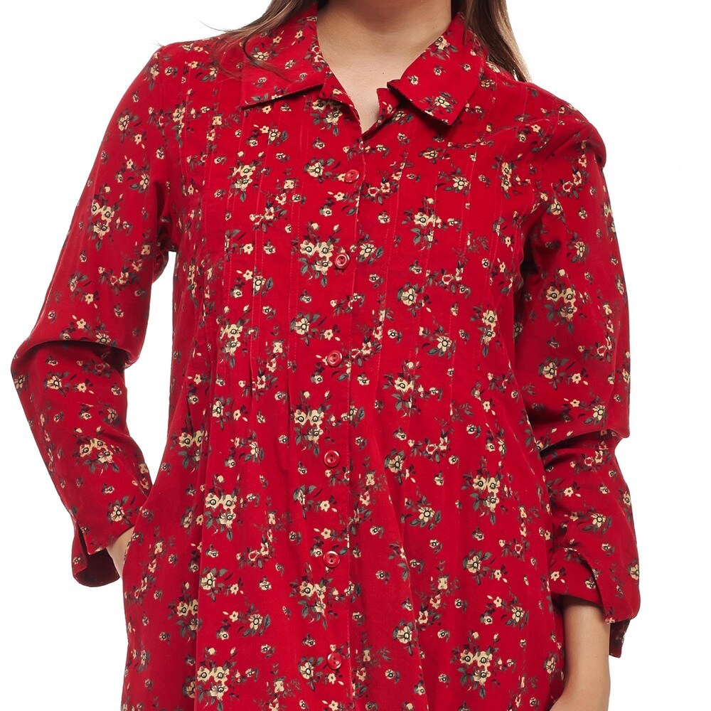 La Cera Women s Red Cotton Long-sleeved Coduroy Dress