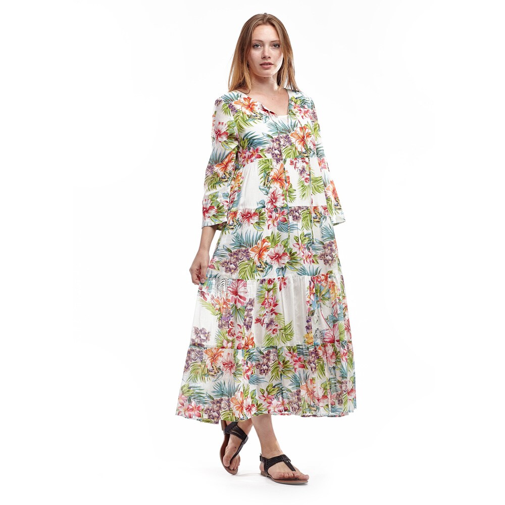 La Cera Women s White Cotton 3/4-sleeve Tiered Caftan