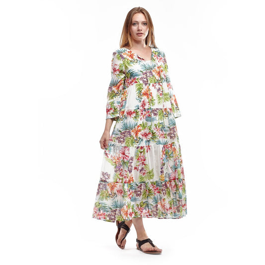 La Cera Women s White Cotton 3/4-sleeve Tiered Caftan