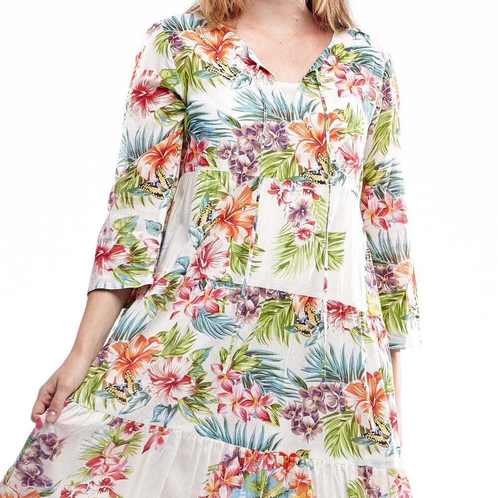 La Cera Women s White Cotton 3/4-sleeve Tiered Caftan