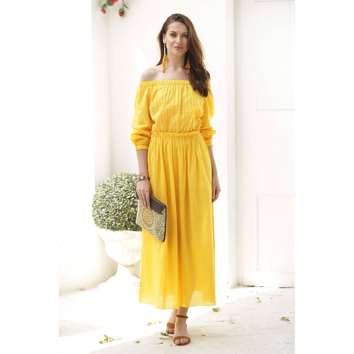 NOVICA Cotton off-shoulder maxi dress Marigold Muse