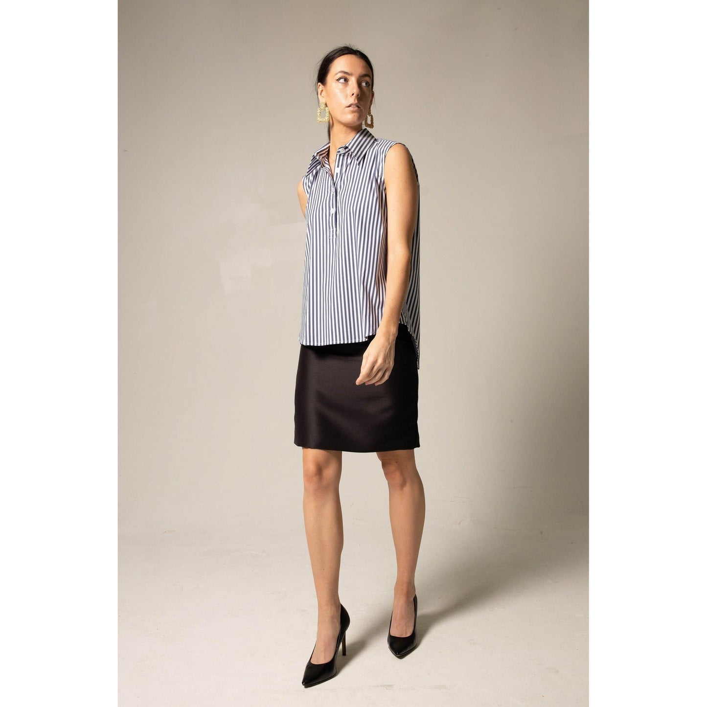 The Olivia Sleeveless Blue Stripe Blouse in Italian Cotton